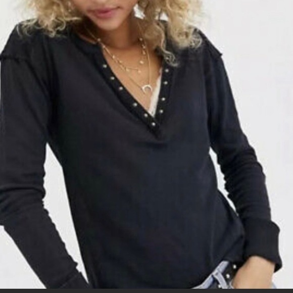 Free people] Black combo Army inspired Stud trim Relaxed fit Long sleeve T-shirt - Picture 4 of 12